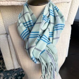 Plaid Fringe Scarf in Blue and Gray